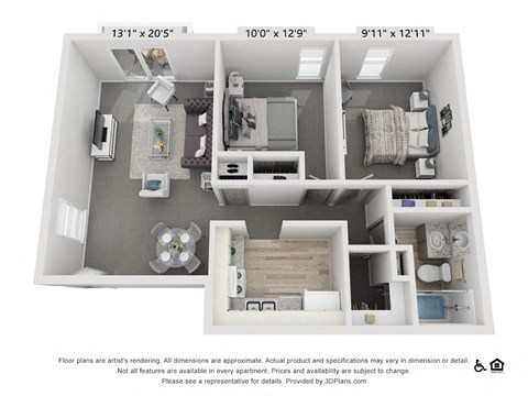 Floor plan for 2 beds, 1 bath, 750 sqft